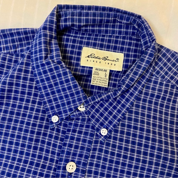 Eddie Bauer blue long sleeve checkered plaid collared dress shirt sz L - Picture 2 of 14